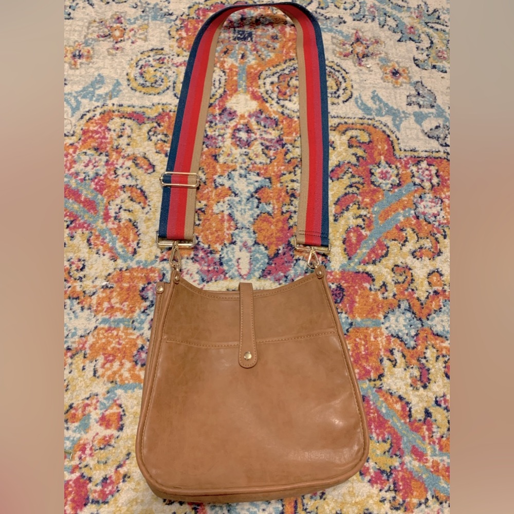 Light Brown faux leather crossbody brown Threaded Pear bag stripped strap